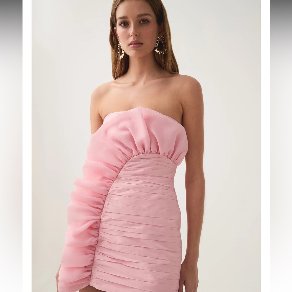 Aje Strapless Pink Ruffled Ruched Mini Dress